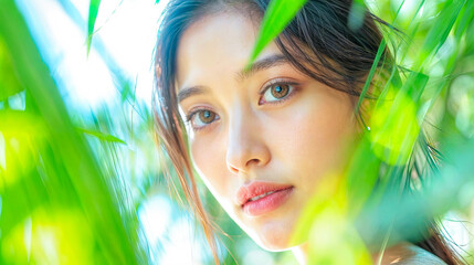 Fototapeta premium Beautiful Asian Woman with Natural Makeup and Glowing Skin Posing in Lush Green Foliage