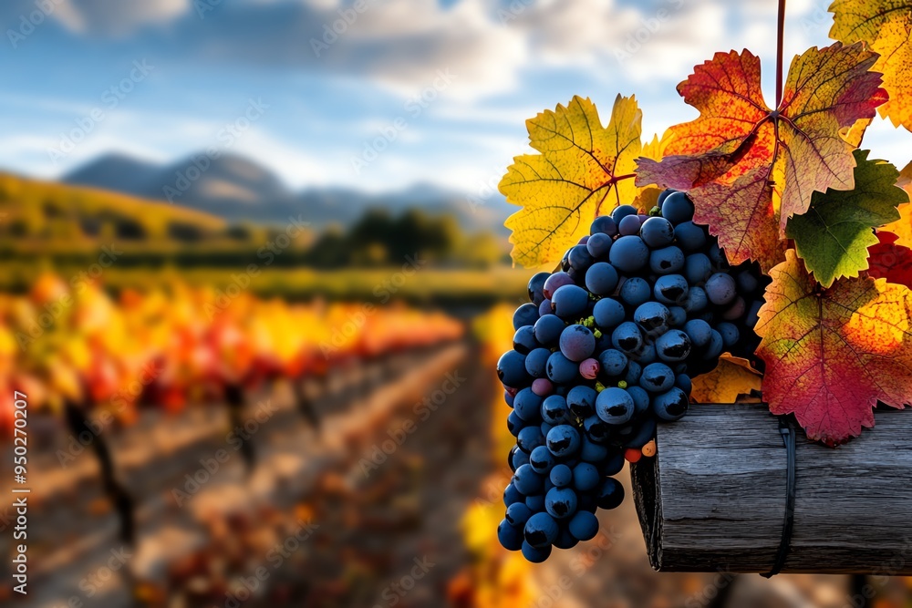 Aufkleber autumn afternoon in a vineyard, illustrated in a scene where rows of grapevines are heavy with fruit