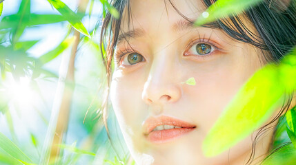 Fototapeta premium Beautiful Asian Woman with Clear Skin Surrounded by Lush Green Leaves Enjoying Sunlight