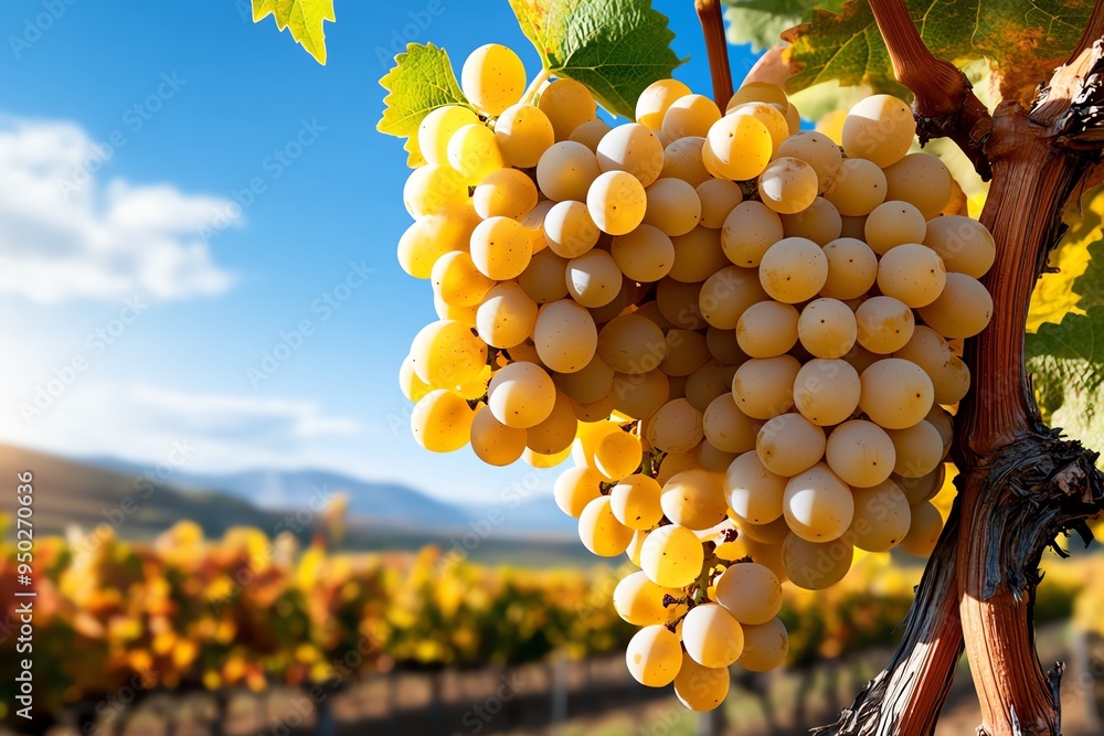 Poster Autumn afternoon in a vineyard, illustrated in a scene where rows of grapevines are heavy with fruit, their leaves turning golden and red, with the sun casting a warm light over the landscape