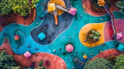 Comprehensive aerial view of a playground featuring engaging recreational equipment for kids