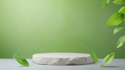 minimalist designed stone podium decorated with green leaves and plants, green background wall