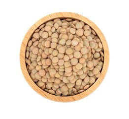 green lentil in wooden bowl isolated on white background. Top view