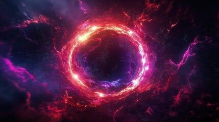 Obraz premium A vibrant abstract image depicting a fiery ring of swirling energy in deep space, with intense red, pink, and orange flames.