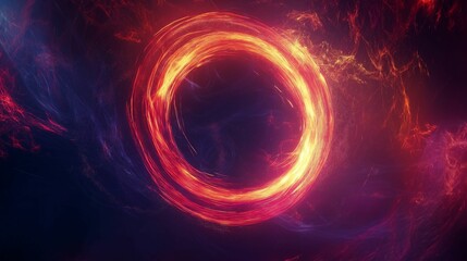 A vibrant abstract image depicting a fiery ring of swirling energy in deep space, with intense red, pink, and orange flames.