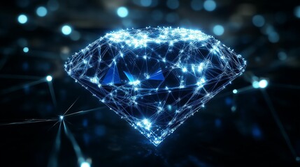 A dazzling futuristic digital diamond illuminated by glowing blue lines and bokeh effects.
