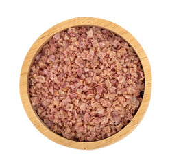 pink salt in wooden bowl, top view