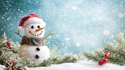 Fototapeta premium Happy snowman standing in christmas landscape. Snow background with copy space