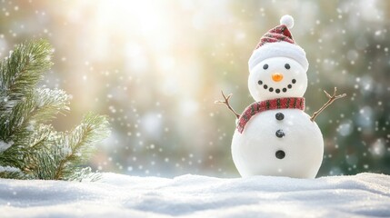 Fototapeta premium Happy snowman standing in christmas landscape. Snow background with copy space