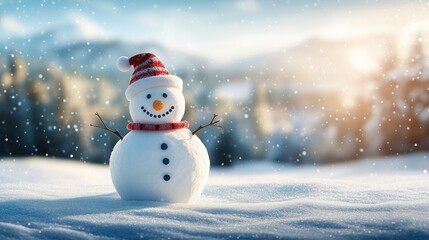 Obraz premium Happy snowman standing in christmas landscape. Snow background with copy space