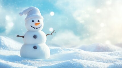 Fototapeta premium Happy snowman standing in christmas landscape. Snow background with copy space