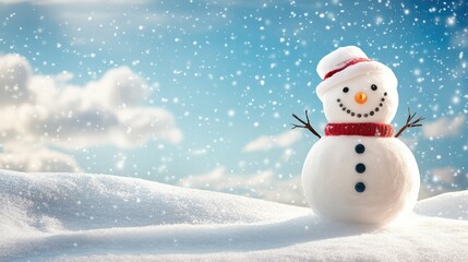 Obraz premium Happy snowman standing in christmas landscape. Snow background with copy space