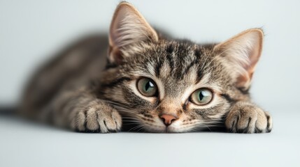 A close-up shot of an adorable kitten with captivating green eyes, lying down and gazing forward with a calm and curious expression on a neutral white background.