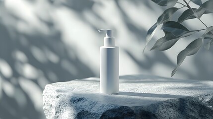 White Bottle on a Rock with Leaf Shadows.