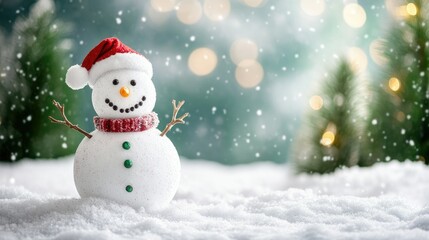 Obraz premium Happy snowman standing in christmas landscape. Snow background with copy space