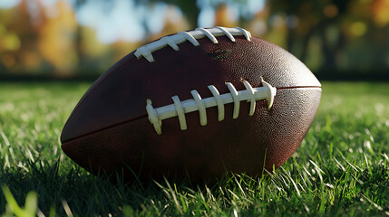Obraz premium Iconic American Football Gleaming Against Green Field.
