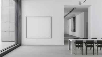Large blank frame in a minimalist office with sleek furniture
