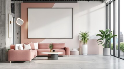 Large blank frame in a minimalist office with sleek furniture