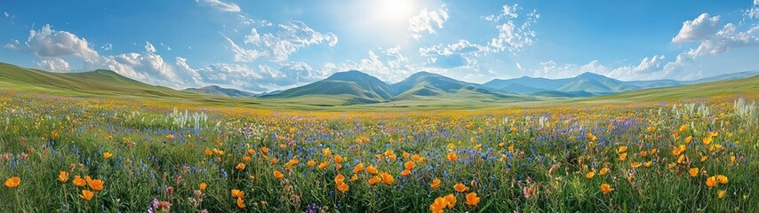 Fototapeta premium A colorful field of wildflowers in full bloom, set against a backdrop of majestic mountains under a clear blue sky.