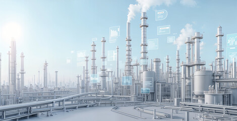 Fototapeta premium Smart Factory & Industrial Innovation. Futuristic Industrial Complex with Data Visualizations, Showcasing Automation and Industry 4.0 Technologies.