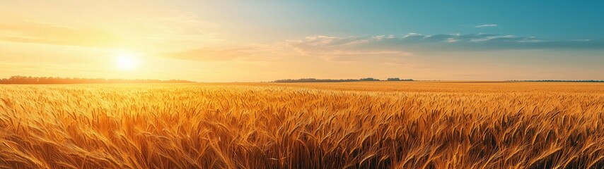 Obraz premium A vast wheat field is illuminated by the golden light of sunset, creating a serene and tranquil rural landscape.