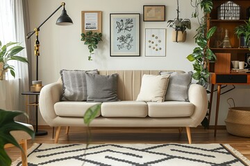 Cozy Living Room with Beige Fabric Sofa, Industrial Coffee Table, and Serene Working Space
