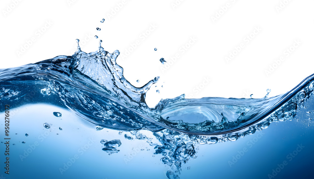 Poster an isolated water splash on a white background with droplets and bubbles, capturing the motion and f