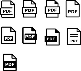 A comprehensive set of PDF file icons featuring various styles and designs, including classic red PDF symbols, document outlines,