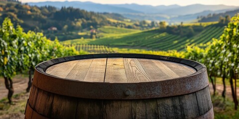 Obraz premium A wooden barrel with a vineyard in the background.