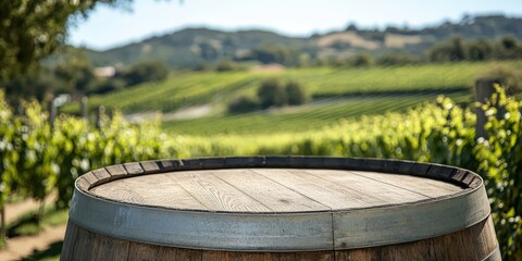 Fototapeta premium A wooden barrel with a vineyard in the background.