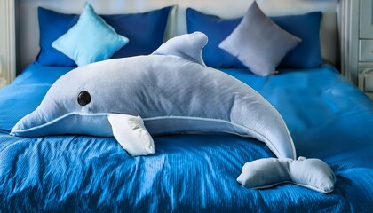 A plush dolphin sitting on the bed with blue sheets