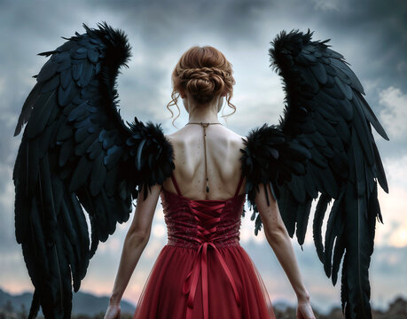 A woman with red hair in red dress with black feathered wings, Lilith style, back view, dark light exterior, realistic, mystical setting, Generative AI