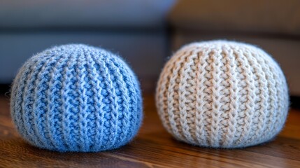 Cozy scandinavian living room featuring knitted poufs and a dark blue corner sofa design