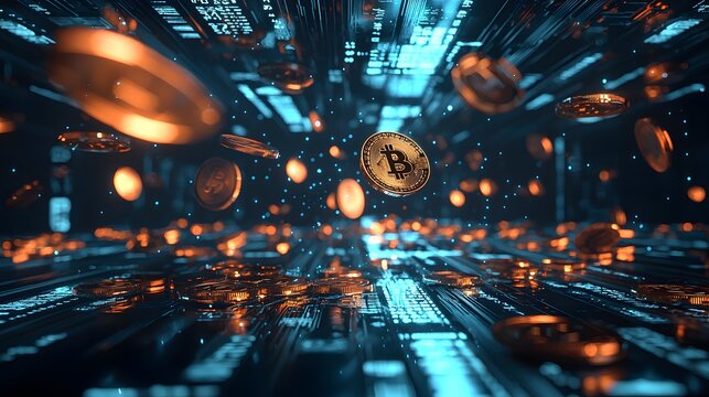 Bitcoin Cryptocurrency Falling in Digital Space.