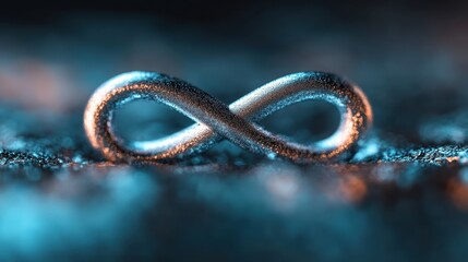 A close-up view of a metallic infinity symbol, illuminated by a warm light and contrasted against a dark background, symbolizing eternity and endless possibilities.
