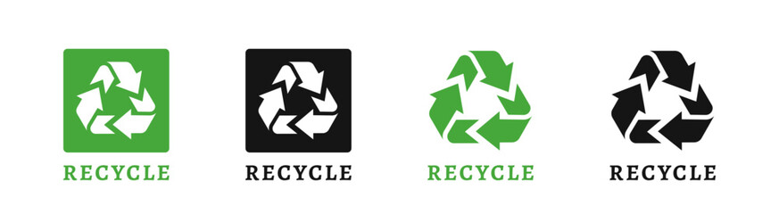 Recycling label. Recycle badge. 100% Recycle label. Recycling icon. Recycle, reuse and reduce icons.