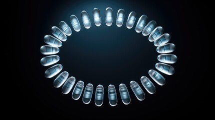 Obraz premium Medicine capsules forming a spiral shape on a reflective surface