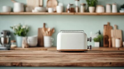 A clean and organized kitchen features a retro-style toaster on a wooden counter, with neatly...