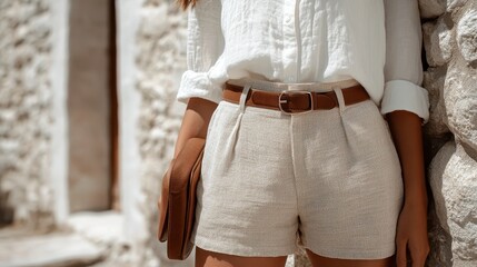 A fashion-forward woman dons a white shirt paired with beige shorts and a brown leather belt, showcasing a chic and comfortable look perfect for warm weather.