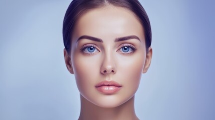 Fototapeta premium Portrait of a woman with neutral expression, smooth skin, and blue background. Centered, well-lit, and close-up. Generative ai
