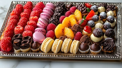 A decadent dessert platter overflowing with miniature pastries, including macarons, eclairs, fruit tarts, and chocolate truffles, artfully arranged on a silver tray.
