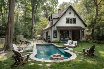 Obraz premium Charming Vintage Pool House with Firepit and Wooden Fence in Cozy Backyard of White Cottage