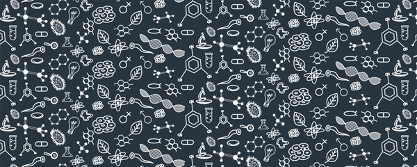 Hand drawing Biology education doodle icon idea set dark blue background seamless pattern
