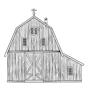 recommend clip art: Vector Illustration of Rustic Barn with Vane Made painted by black inks in line art style. Outline drawing of old vintage Farm House for countryside design and harvest festival. Etching of farmhouse.