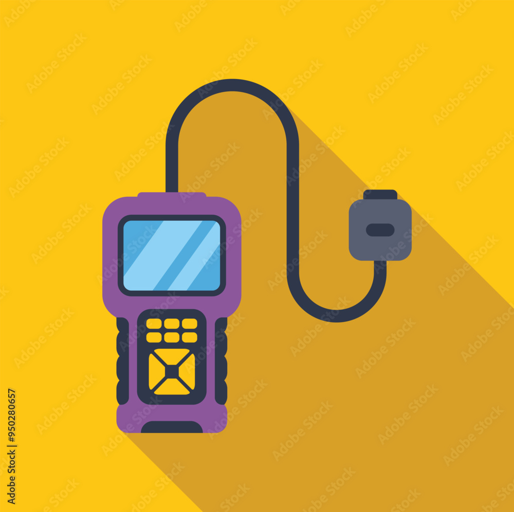 Poster electronic diagnostic device with cable is showing working process on yellow background