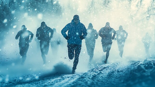 Silhouettes of runners slice through the snowy forest, swift as shadows in winter�s grip.
