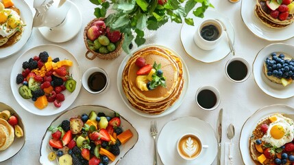 A beautifully arranged breakfast table with a variety of dishes including pancakes, fresh fruit,...