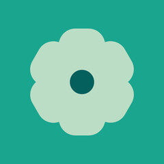 Christmas 70s Retro Modern Vector Floral, Vintage floral Christmas vector with a teal background, featuring a circular flower design with green petals and a central dot, a retro holiday icon