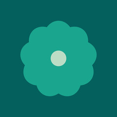Christmas 70s Retro Modern Vector Floral, Vintage floral Christmas vector with a teal background, featuring a circular flower design with green petals and a central dot, a retro holiday icon