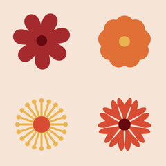 70s Retro Flower Clipart Elements Vector Design, vector design in orange, yellow and red